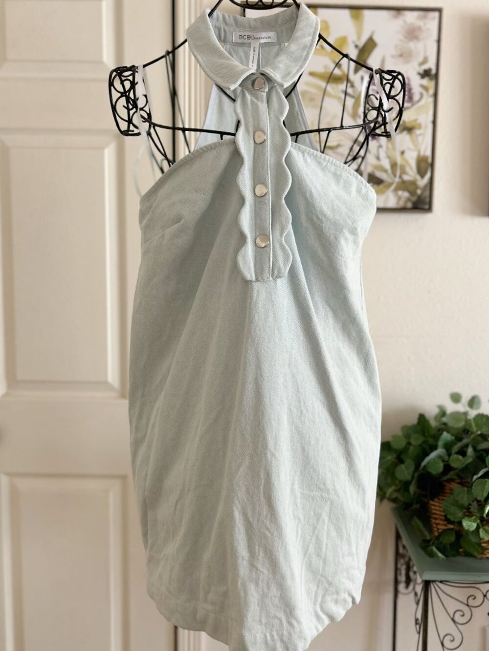 BCBGeneration Sage Green Halter Mini Dress with Scallop Placket